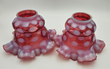 Pair of Vintage Fenton Cranberry Opalescent Coinspot Glass Ruffled Lamp Shades picture