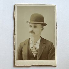 Antique Cabinet Card Photograph Handsome Distinguished Man Bowler Hat Mustache picture