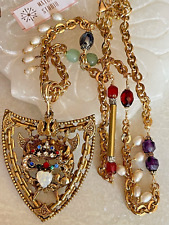 Vintage UNS CORO Heraldic Rhinestone FW Pearl Aventurine Upcycled Necklace 28