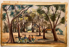 ORIGINAL “EDNA TAYLOR”.  LANDSCAPE  PEOPLE PICKNICK TREES WATERCOLOR  PAINTING picture
