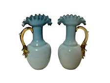 Set of Two Victorian Bohemian Art Cased Glass Blue Amber Handles Vases Pitchers picture