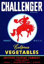 Vintage 1940s Challenger Vegetable Crate Label Guadalupe California Rodeo Cowboy picture