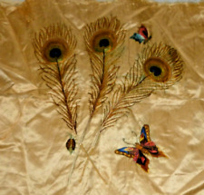 Antique Victorian Embroidery Pheasant Feathers Bug Butterflies On SIlk 14x14