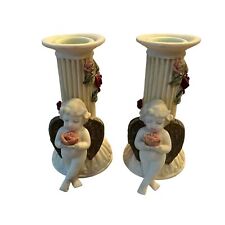 Vtg ceramic pillar candle holders Cherub angel And Rose hand painted Home Decor picture