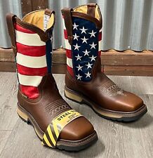 MEN'S WORK BOOTS AMERICAN FLAG SOFT & STEEL TOE SQUARE COWBOY GENUINE LEATHER US picture