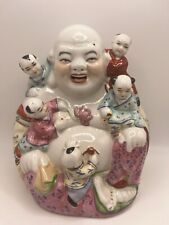 Vintage Chinese Laughing Buddha 5 Kids On Lap Rose Porcelain Statue picture