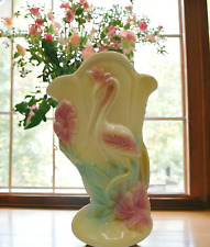 Vtg Hull Pottery 8.5 Art Deco Heron Crane Hibiscus Vase 85 USA yellow pink green picture