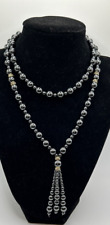 Genuine Hematite Bead Dangle Necklace Rhinestone Rondelle Accents Vintage JCS picture