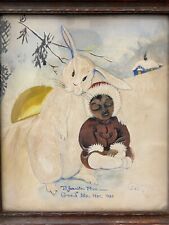 🔥 Unusual Antique Old American Folk Art Painting, Eskimo & Rabbit - 1920 Signed picture