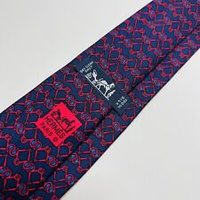 Genuine HERMES Dark Blue Silk Tie w Blue Link Design 7019 TA 55.5x3.25 Excellent picture