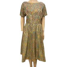 Vintage 50s Housewife Dress Fit And Flare Midi Watercolor Print Handmade Medium picture