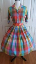 Vintage 1950s Gorgeous Multicolor Rainbow Plaid Cotton Pleated Full Dress picture