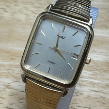 VTG Timex Quartz Watch Men Gold Tone Rectangle Date Stretch Analog New Battery picture