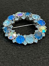 Large KARU Inc. Vintage Circle Brooch in Various Shades of Blue Crystals picture