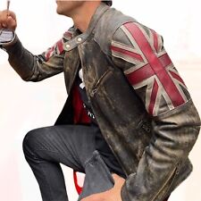 Men's Biker Vintage Distressed Brown Union Jack Cafe Racer Real Leather Jacket - picture