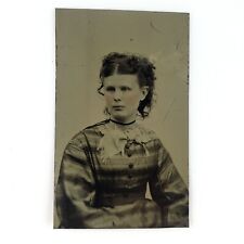 Striped Dress Young Woman Tintype c1870 Curly Hair Girl 1/6 Plate Photo A3745 picture