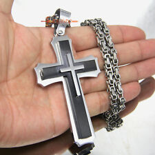 Men's Huge Heavy Solid Christian Cross Pendant Necklace Silver/Black Three Layer picture