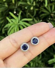 4 Ct Round Lab Created Blue & White Sapphire Halo Stud Earrings 14K White Gold picture