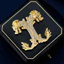 Vintage Gold Color Double Dragon Brooch Gorgeous Rhinestone Corsage Lapel Pin picture