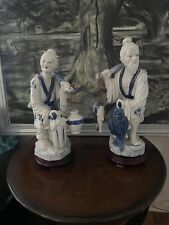Large Chinese Fisherman Couple Blue White Porcelain Figurine Statues   16” picture