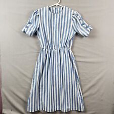 Vintage 60's Handmade Mod White Blue Stripe Day Tea Swing Midi Dress Collar Sz 6 picture