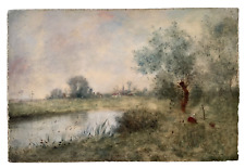 19th Century COROT Animated Riverside Landscape Barbizon School Oil Painting picture