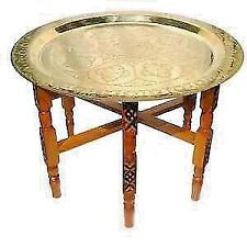Handmade Moroccan Round Brass Tray Tea Table with folding Wood Stand Thuya Wood picture