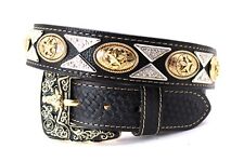 Western Cowboy Belt Sheriff Star Silver Concho Black Belt Pants 34 Cinto Vaquero picture