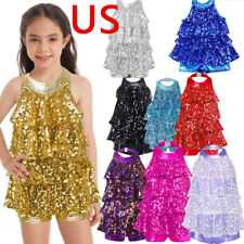 US Kids Girls Halter Neck Shiny Sequins Tiered Dress Modern Jazz Latin Dancewear picture