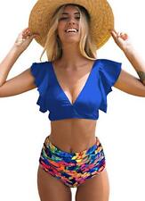 SPORLIKE Women Ruffle High Waist Swimsuit Two Pieces Push Up Tropical Print picture