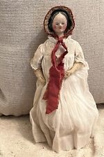 Antique Unusual Carved Wooden 13” Doll On Kid Leather Fashion Body Wow Bonnet picture
