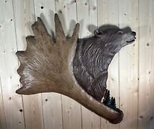 SALE Hand Carved Bear Wall Moose Antler   Art Chainsaw Carving Rustic  Folk Art picture