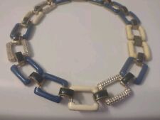 Vintage Signed J CREW Enamel&Pave Rhinestone Chain Link Necklace Gold White&Blue picture