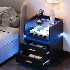 LED Nightstand Bedside Table 2 Drawers with Charging Station and USB Ports picture