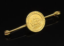 18K GOLD - Vintage British Guiana Sailing Boat Coin Brooch Pin - GB154 picture