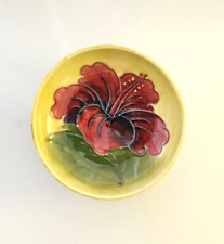 Moorcroft Pink/Red Hibiscus Pedestal Footed Yellow Bowl 4 1/2 inch England picture
