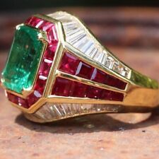14K Gold Plated Silver 4ct Emerald Simulated Emerald &Ruby Men's Engagement Ring picture