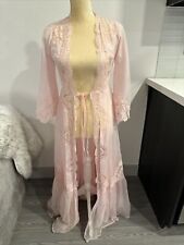 Vtg 70's RUFFLED Lace Peignoir  Chiffon Pink Sheer Lace Long Nightgown Robe picture