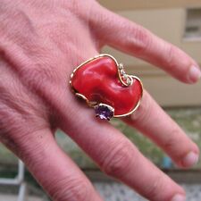 Estate Silver Gold Orange Big Coral Original Ring Size 8,5 Made in Italy Vintage picture