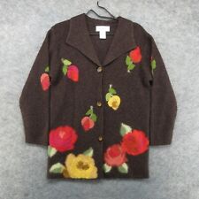 VTG Susan Bristol Cardigan Womens Medium Brown Floral Felted Wool Sweater Y2K picture
