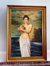 Very large oil on canvas painting - An Asian beauty holding a vase- modern frame picture