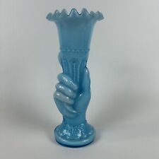 Antique French Blue Opalescent Milk Glass Hand Holding Vase Ruffle Top 9” picture