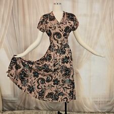 Vintage Deadstock 1960's Dress Floral Tan Blue and Black Short Sleeve Retro  picture