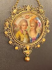 Exquisite French antique 18k gold pendant with two lovers painted on copper. picture