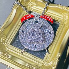 TIME MONEY ALARM CLOCK Iced Icy 3D Silver 14k Men Pendant 4mm Rope Link Chain picture