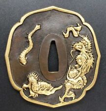 Tsuba Japanese Sword Guard Dragon Engraved Iron Inlaying Vintage from Japan picture