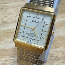 Vintage Glaxie Elgin Quartz Watch Men Gold Tone Rectangle Date Stretch New Batte picture