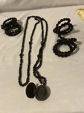 Antique black glass Bead mourning Necklace  with locket and 2 bracelets picture
