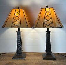 Pair Slag Glass Table Lamps Arts and Crafts Mission Style Metal Yellow 29