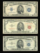 Set of 3 $5 Dollar Bills 1934 1953 and 1963 US Notes and Silver Certificates picture
